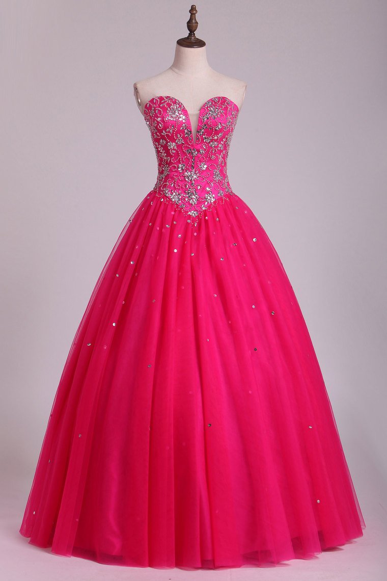 Ball Gown Quinceanera Dresses Sweetheart Beaded Bodice Floor Length Tulle