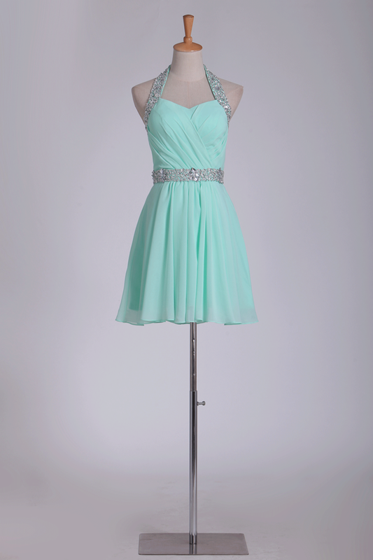 Mint Homecoming Dresses Halter A-Line Short/Mini Chiffon With Beading