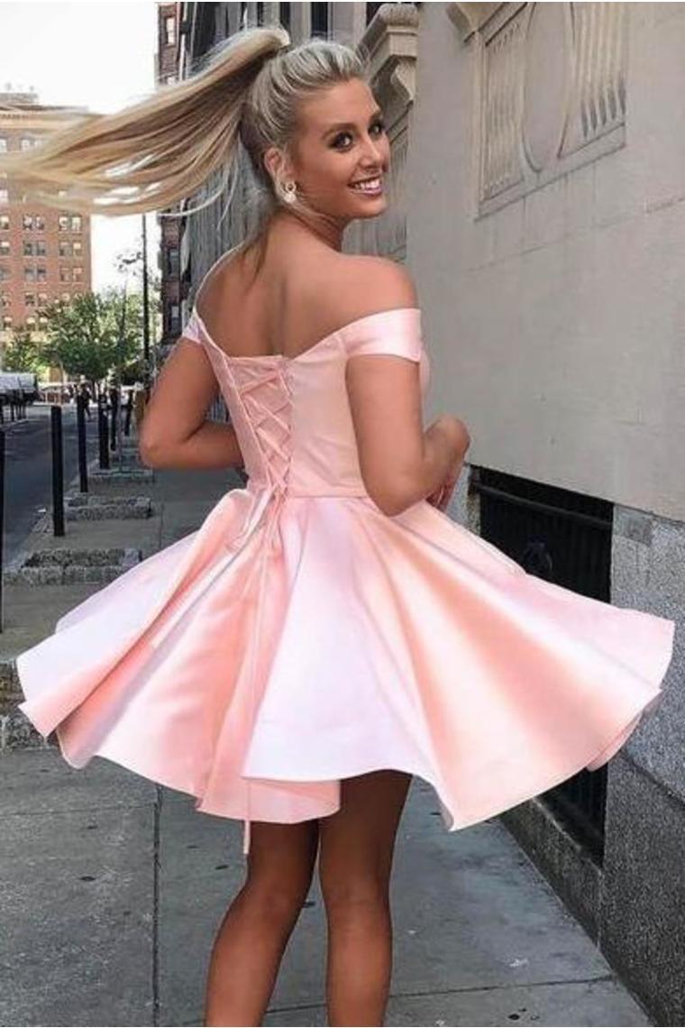 Off The Shoulder Satin A Line Short Homecoming Dress