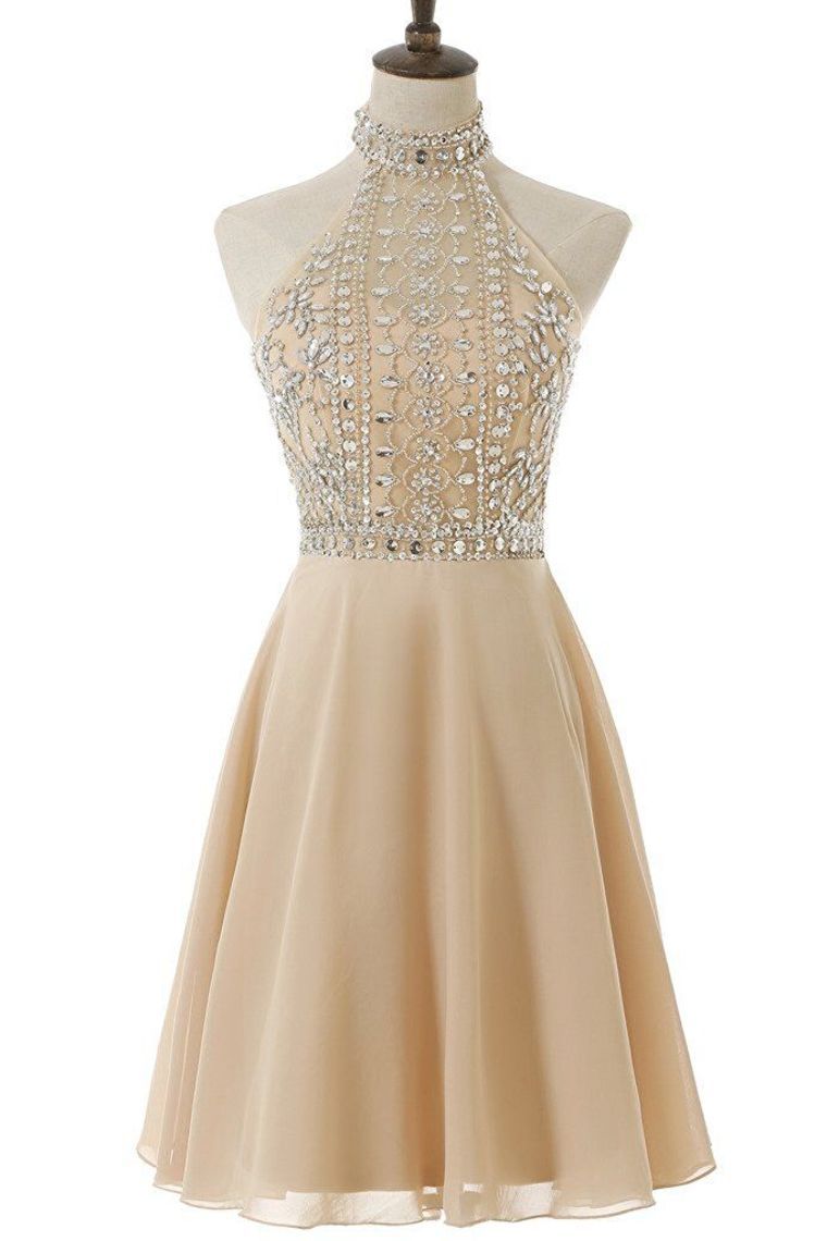 2024 A Line High Neck Homecoming Dresses Chiffon With Beading Short/Mini