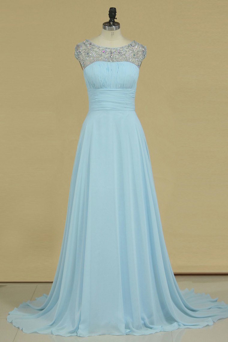 A Line Prom Dresses Scoop Chiffon With Ruffles And Beads