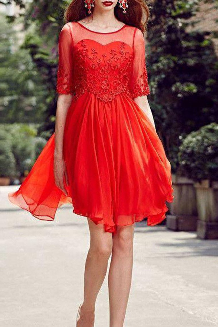 2024 A Line Scoop Mid-Length Sleeves Homecoming Dresses Chiffon Knee Length