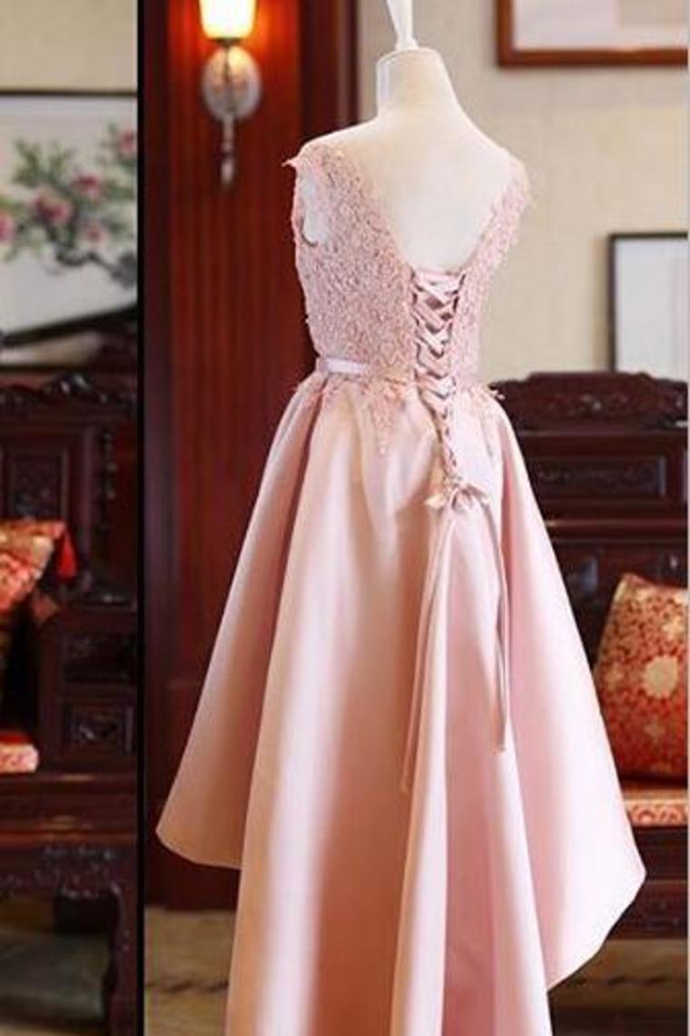 New Arrival Satin Prom Dresses A Line Scoop Neck Lace Up Asymmetrical