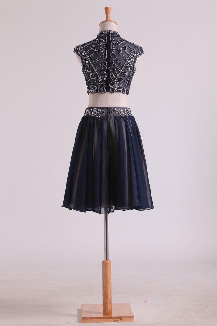 Two-Piece High Neck A Line Short/Mini Homecoming Dresses Tulle & Chiffon