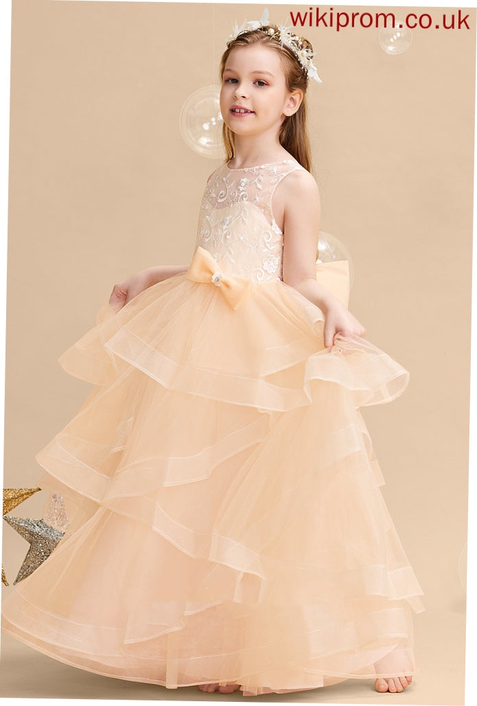 Flower Dress Neck Riley Tulle Lace/Flower(s)/Bow(s)/V Scalloped Back With - Girl Flower Girl Dresses Floor-length Sleeveless Ball-Gown/Princess