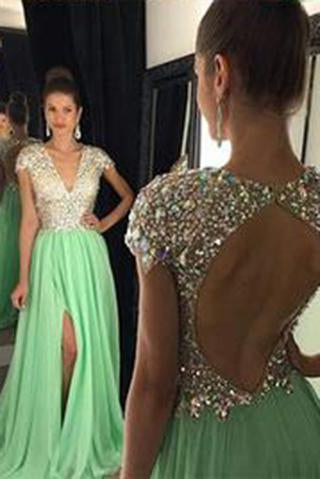 Green Beads Green prom dresses Open back prom dresses Sexy prom dresses prom dress online 16120
