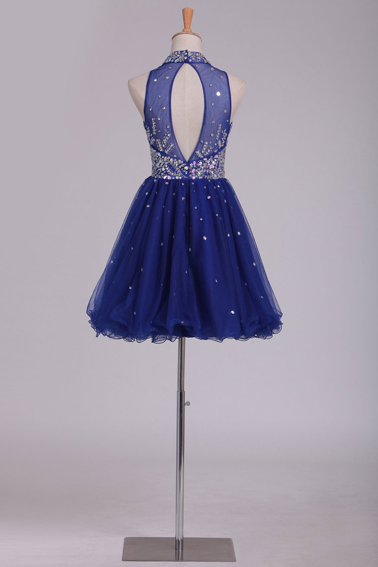 High Neck Homecoming Dresses Beaded Bodice A-Line Dark Royal Blue Tulle Short/Mini