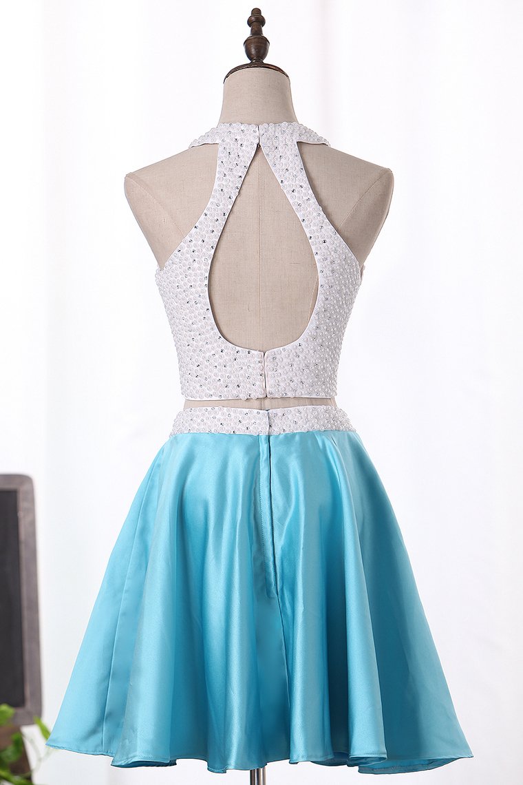 Two-Piece Homecoming Dresses Halter A Line Short/Mini Satin With Beads