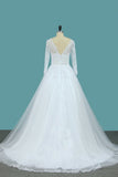 A Line Tulle Bateau 3/4 Length Sleeve Wedding Dresses With Applique Sweep Train