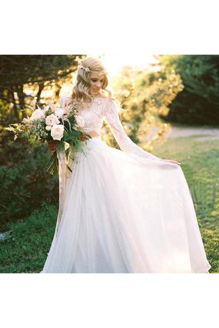 Two Pieces Lace Top Chiffon Skirt Romantic Long Sleeves Wedding Dresses