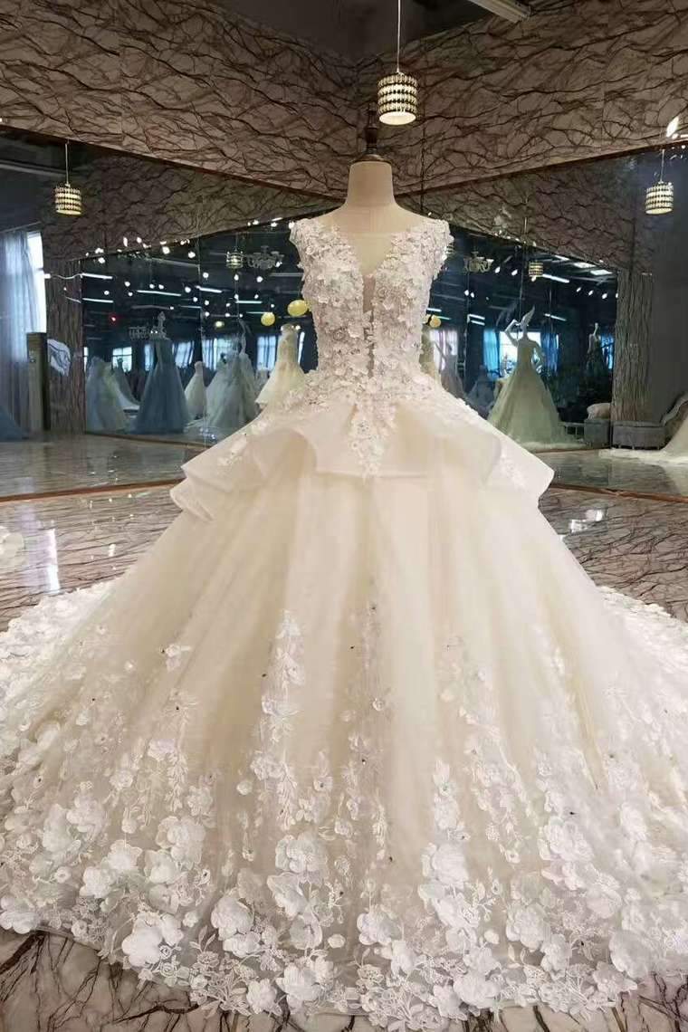 Gorgeous Handmade Flower Tulle Wedding Dresses A Line With Beads Rhinestones