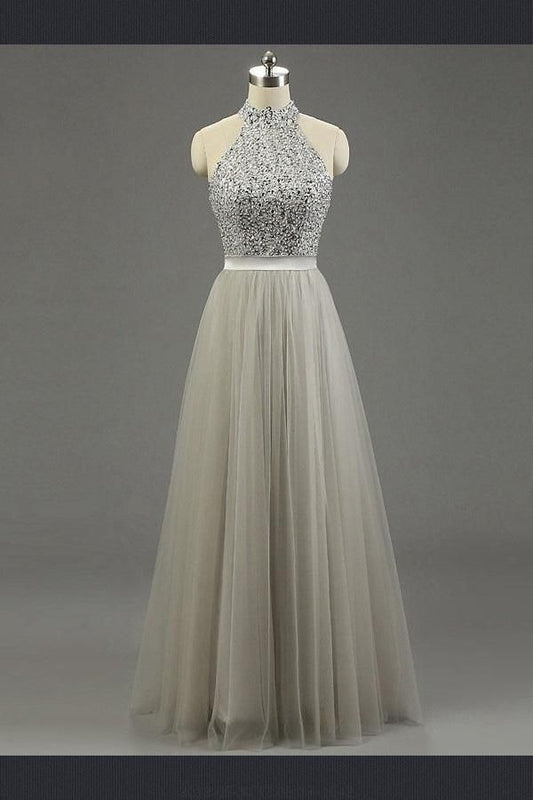 High Quality Long Prom Gown Tulle Ruffled Bridal Dress Princess Light Grey Gray Prom Gowns WK671