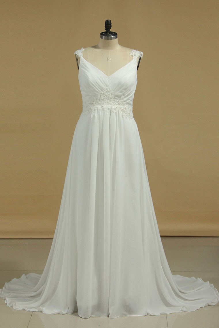 Chiffon Straps A Line Wedding Dresses With Applique And Beads Lace Up