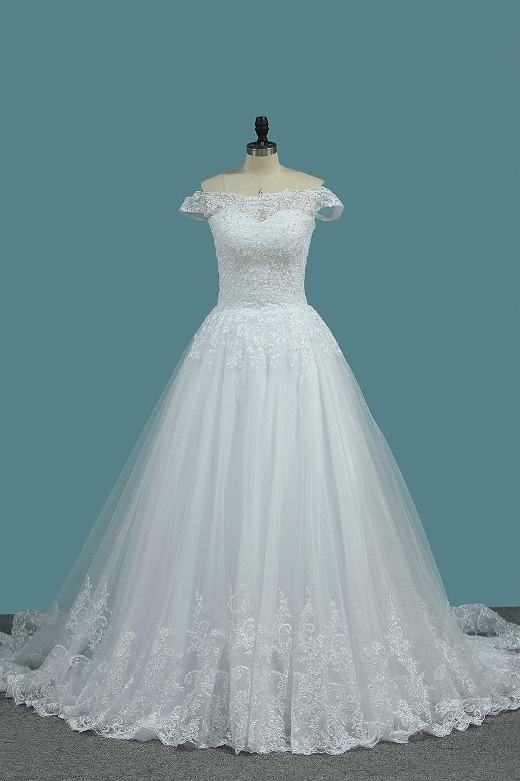 A Line Tulle Off The Shoulder Wedding Dresses With Applique Sweep Train