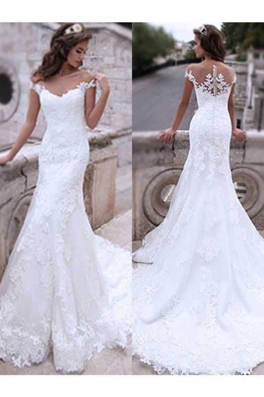 Trumpet/Mermaid Tulle Applique Off-The-Shoulder Sleeveless Sweep/Brush Train Wedding Dresses