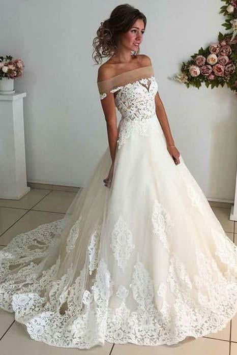 Affordable Lace Unique Off the Shoulder Online Charming Long Tulle Wedding Dress WK279