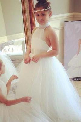 Halter Cute Tulle Fluffy Backless White Flower Girl Dresses with Belt Baby Dresses WK118