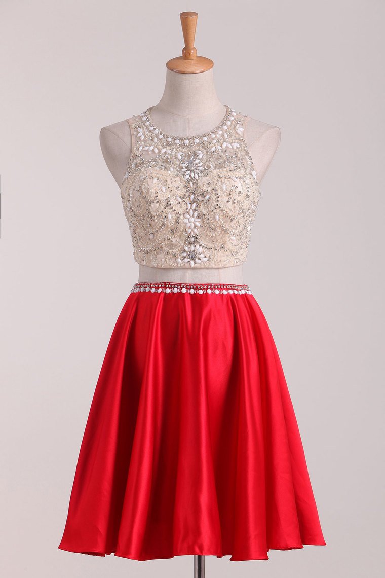 New Arrival Scoop Beaded Bodice Homecoming Dresses A Line Satin Two Pieces