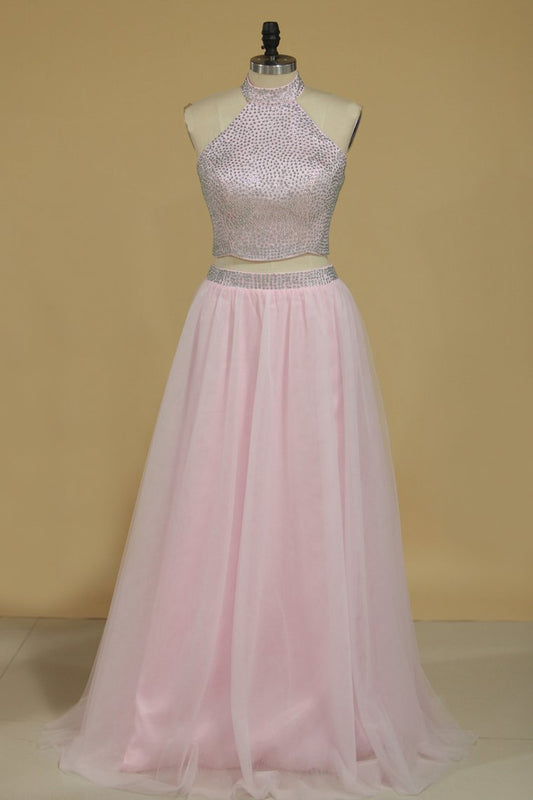 Two-Piece High Neck Beaded Bodice Tulle A Line Prom Dresses