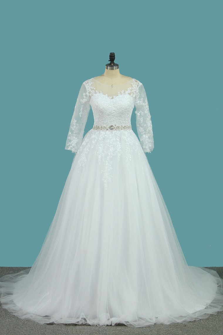 Bateau Wedding Dresses Tulle A Line With Applique And Beads Court Train