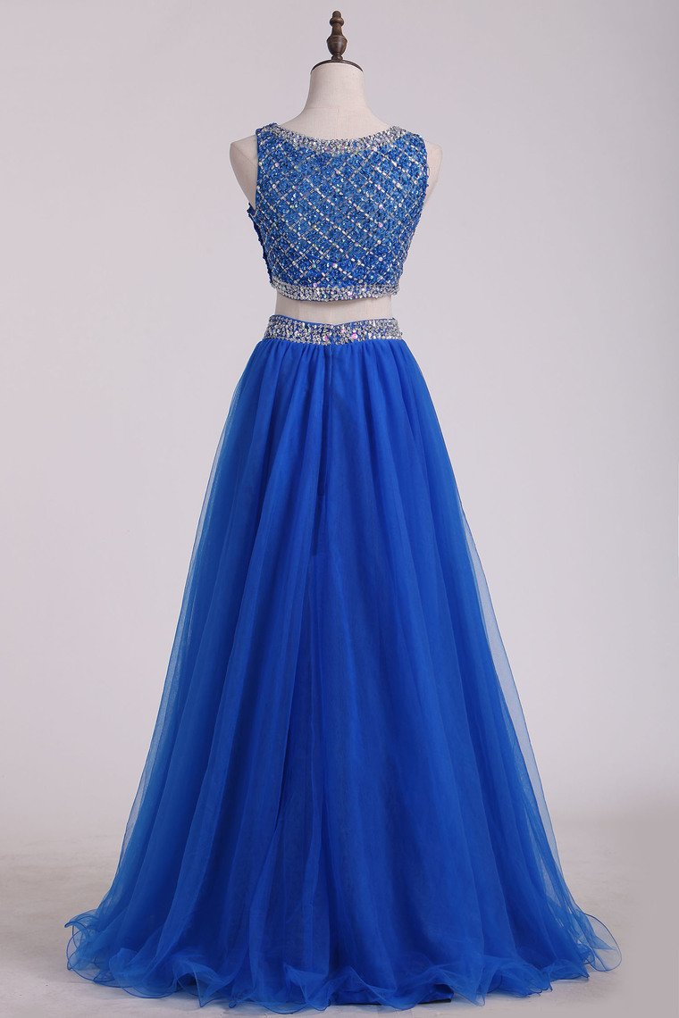 Two Pieces Bateau Prom Dress Beaded Bodice A Line Tulle Floor Length