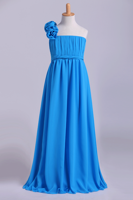 Junior Bridesmaid Dresses A-Line One Shoulder Chiffon With Handmade Flower Floor Length