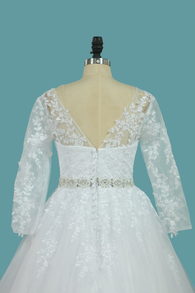 Bateau Wedding Dresses Tulle A Line With Applique And Beads Court Train