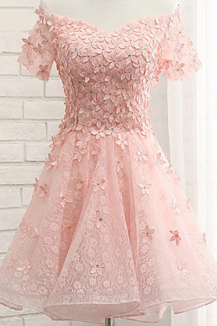 A Line Short Sleeves Lace With Handmade Flowers Homecoming Dresses