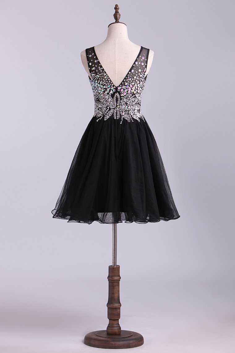 V-Neck Homecoming Dresses A-Line Short Beaded Bodice Tulle