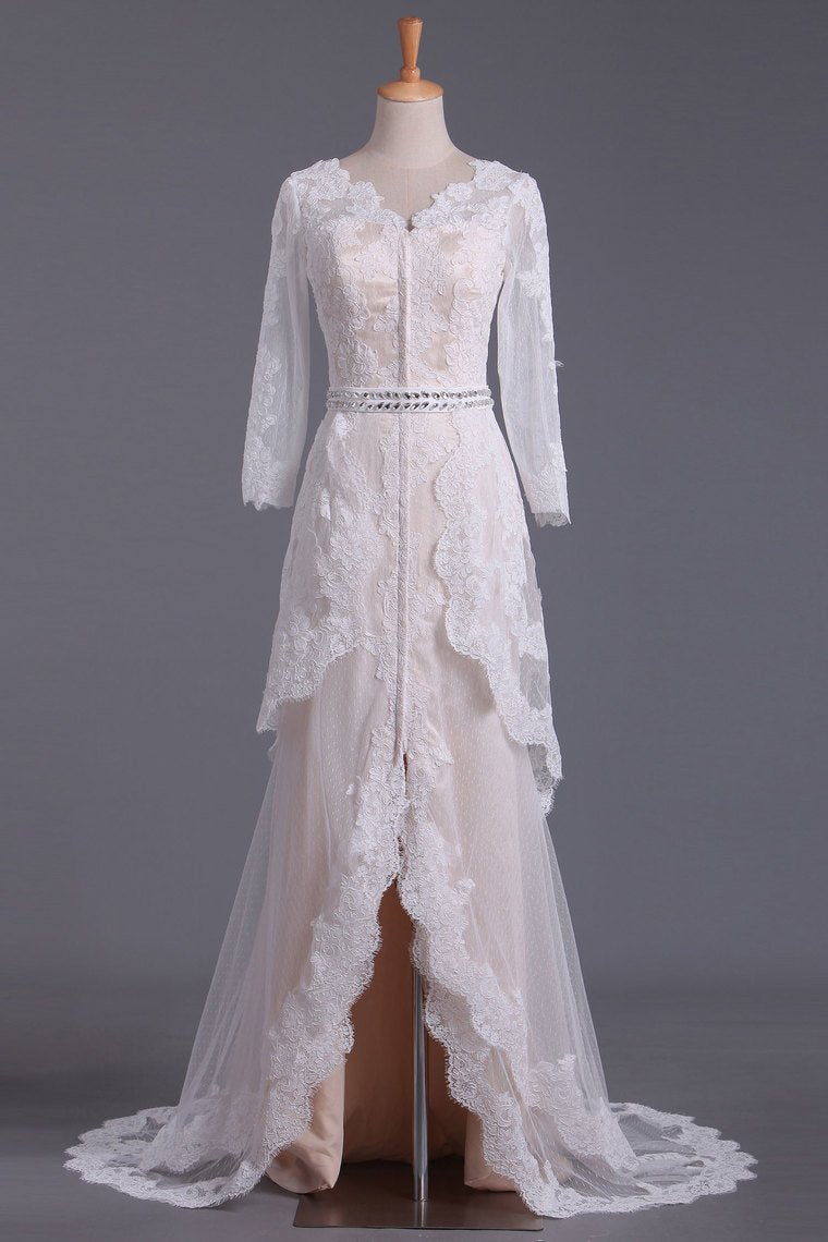 Asymmetrical Wedding Dresses V Neck Mid-Length Sleeves With Applique And Sash Tulle