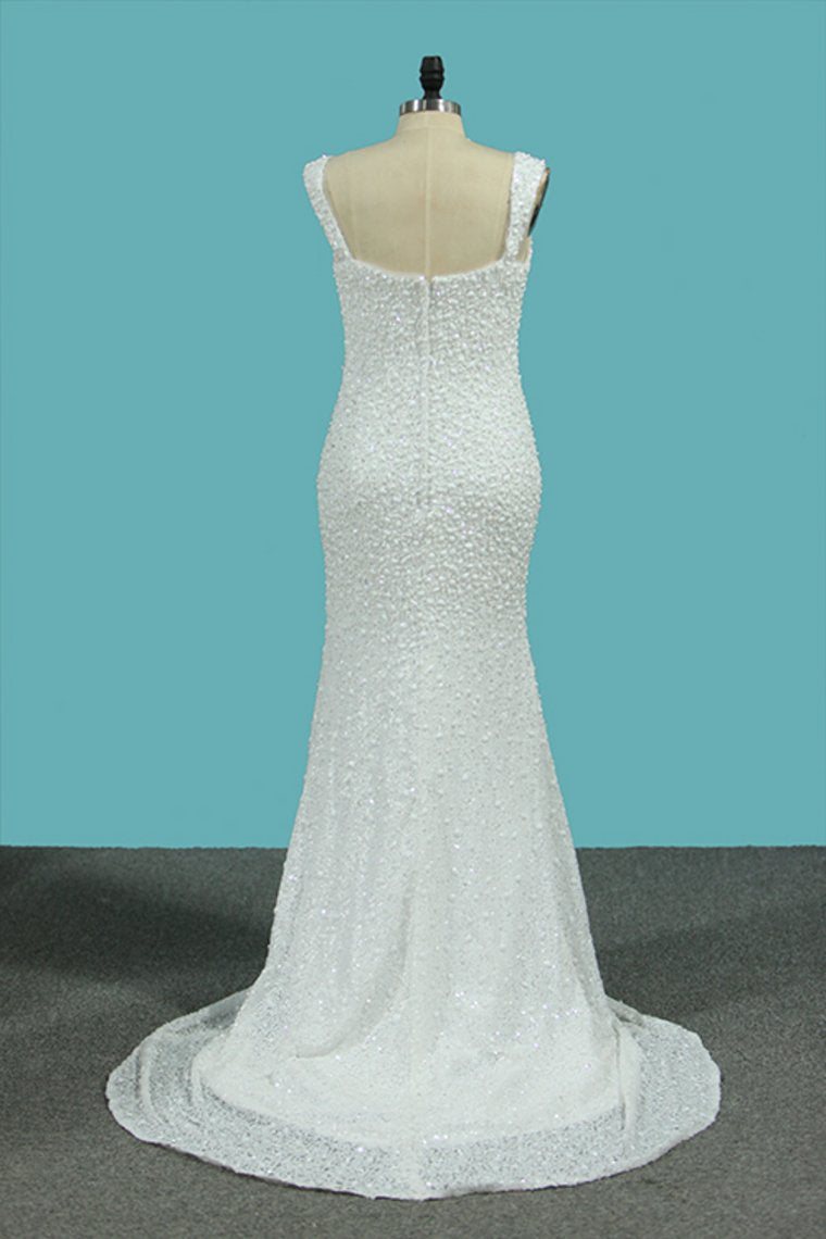 New Arrival Mermaid Straps Wedding Dresses Lace & Chiffon With Beads Court Train