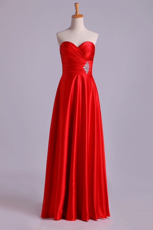 Sweetheart Prom Dresses Matching Pleated Bodice & Waistband Pick Up Long Trumpet Skirt Beaded Satin