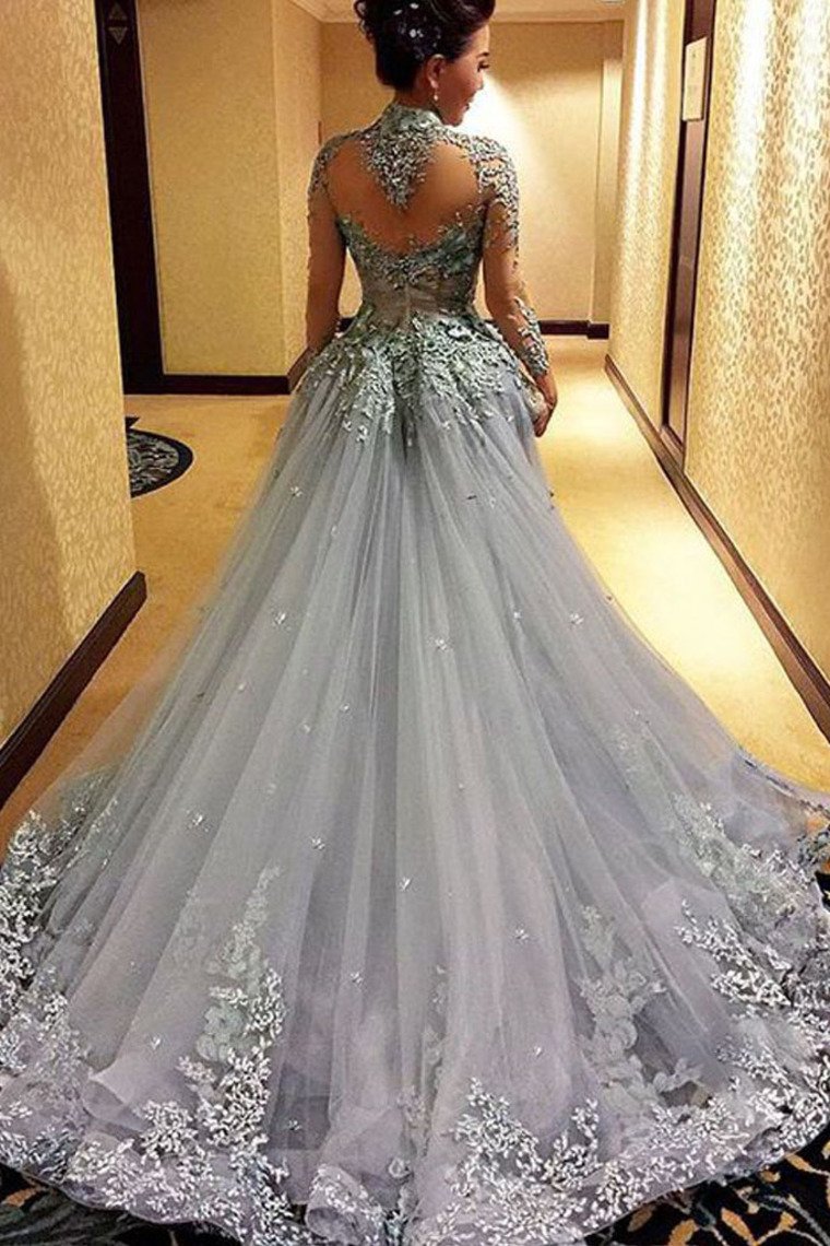 A Line Prom Dresses High Neck Long Sleeves Tulle With Applique Court Train