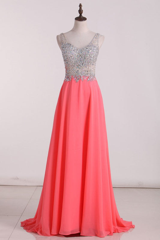 V Neck Open Back Prom Dresses A-Line Chiffon Sweep/Brush See-Through Bodice