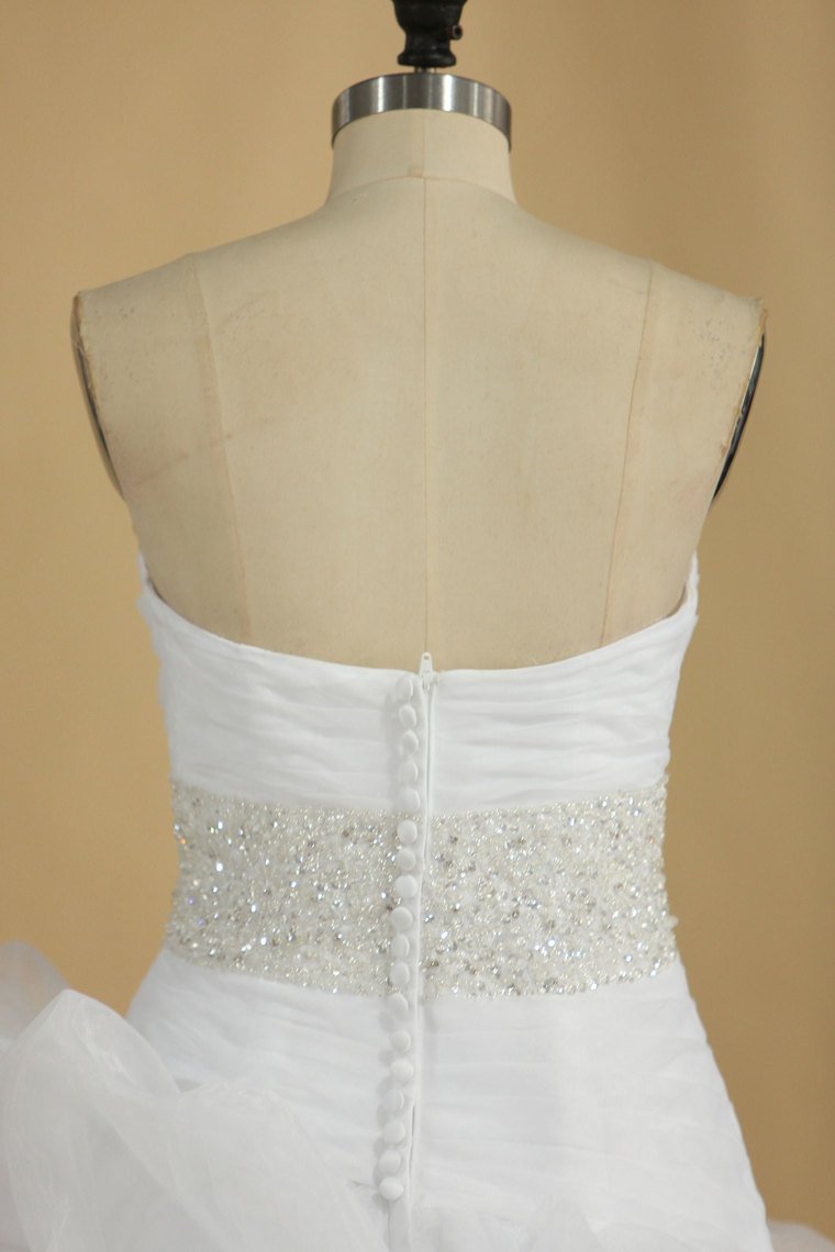 A Line Wedding Dress Sweetheart Ruffles Court Train Beaded Belt Covered Buttons