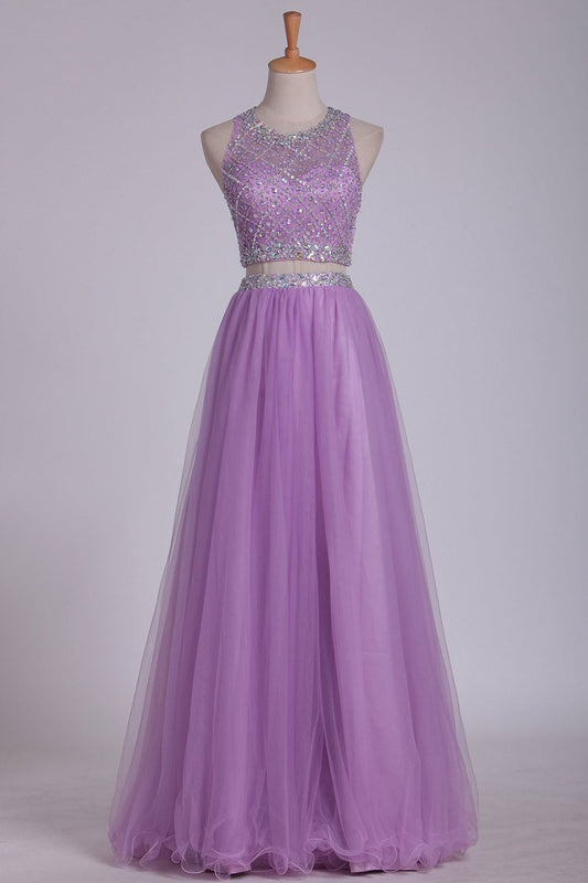 Two Pieces Bateau Prom Dress A Line With Beading Tulle