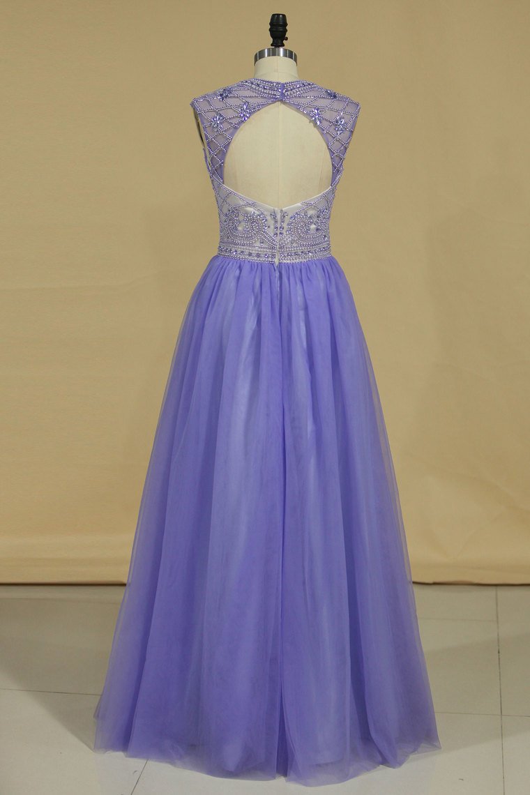 Scoop A Line Prom Dresses Tulle With Beading Open Back Floor Length