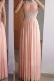 A-Line Backless Blush Pink Sleeveless Beads Halter Long Sexy Chiffon Prom Dresses WK1613