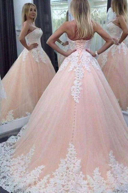Stunning Sweetheart Floor-Length Appliques Lace up Strapless Ball Gown Tulle Wedding Dress WK614