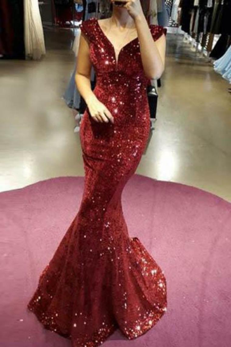 Sexy Trumpet/Mermaid Sequins Prom Dress V Neck Sweep Train