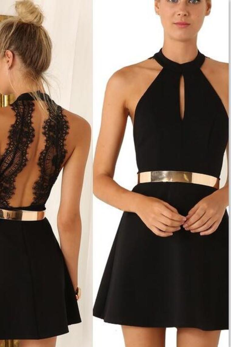 A Line/Princess Scoop Neck Black Homecoming Dresses Chiffon With Gold Belt