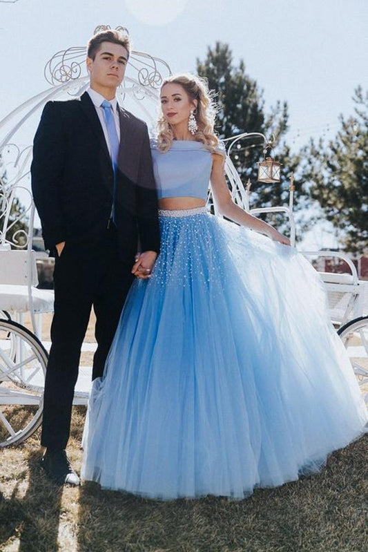 Unique A Line Off the Shoulder Two Piece Blue Tulle Prom Dresses with SWK14301
