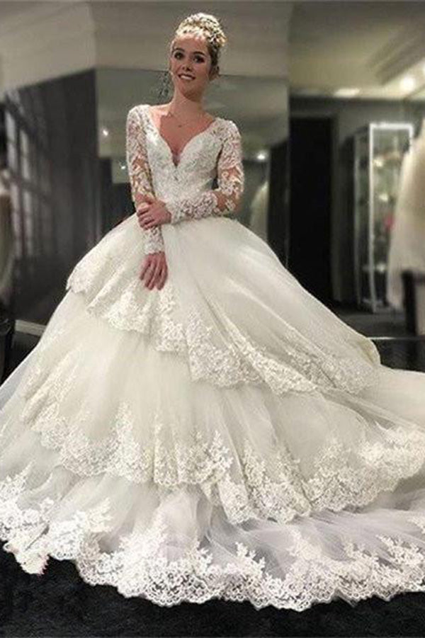 Gorgeous Deep V Neck Long Sleeves Lace Appliques Wedding Dresses