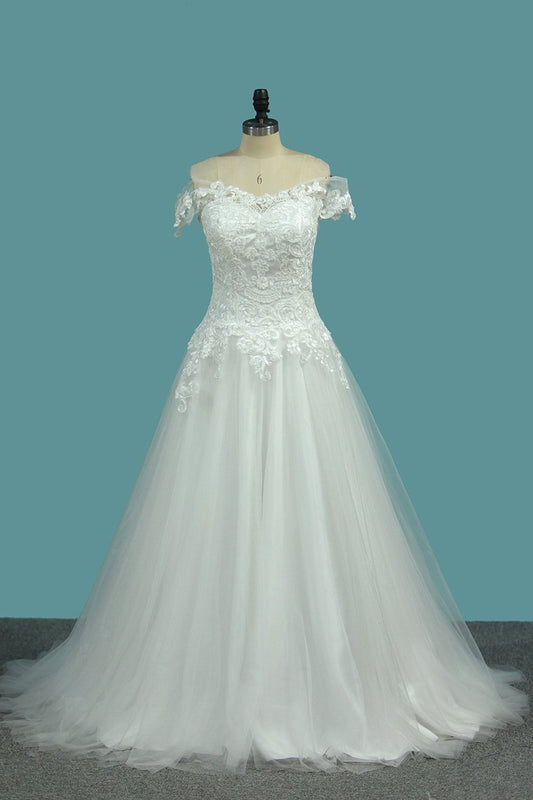 A Line Tulle Off The Shoulder Wedding Dresses With Applique Sweep Train