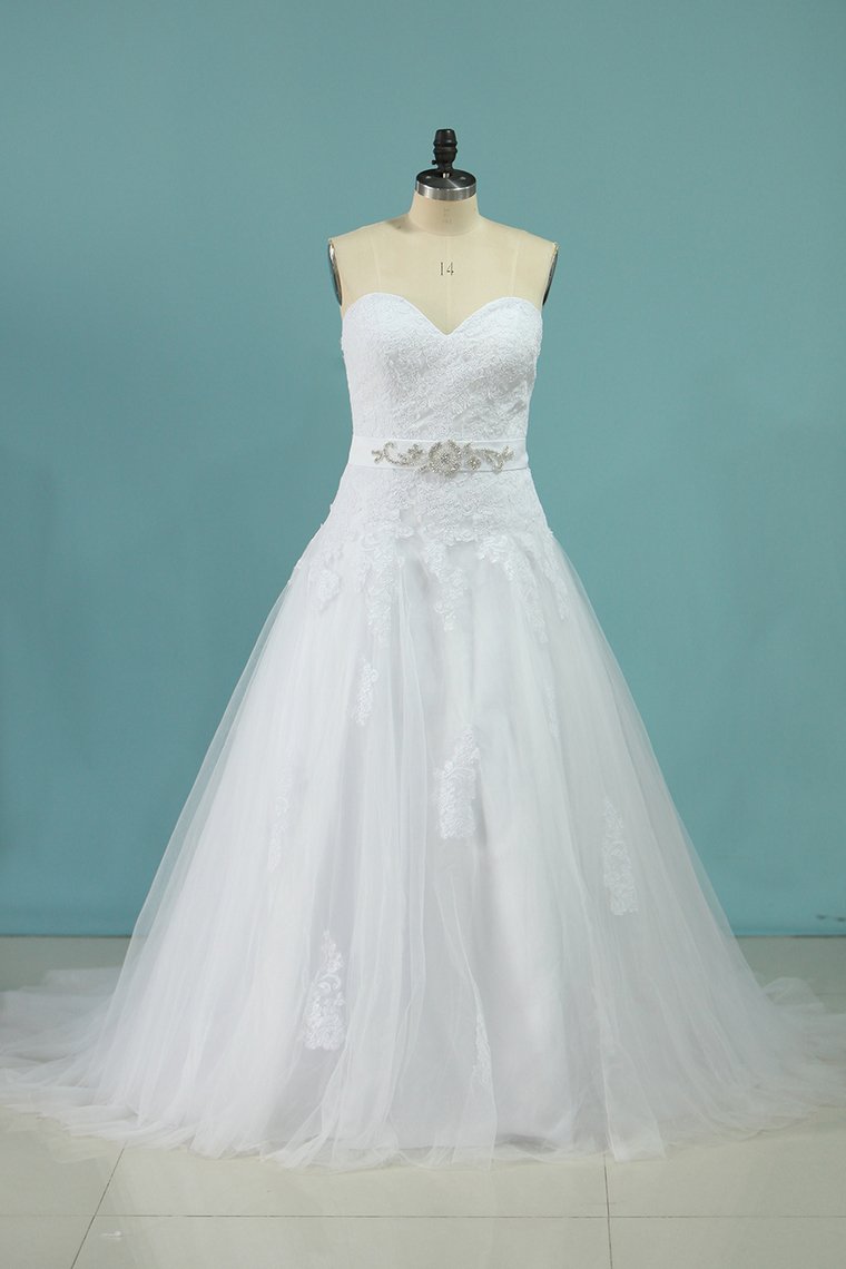 A Line Sweetheart Tulle With Aplique And Sash Wedding Dresses