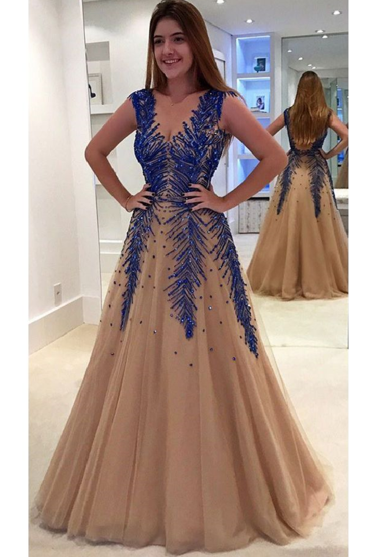 Prom Dresses V Neck Tulle With Beading Sweep Tran A Line
