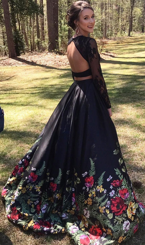 A line Two Piece Black Long Sleeve Prom Dress With Floral Print Skirt Evening Dresses WK672