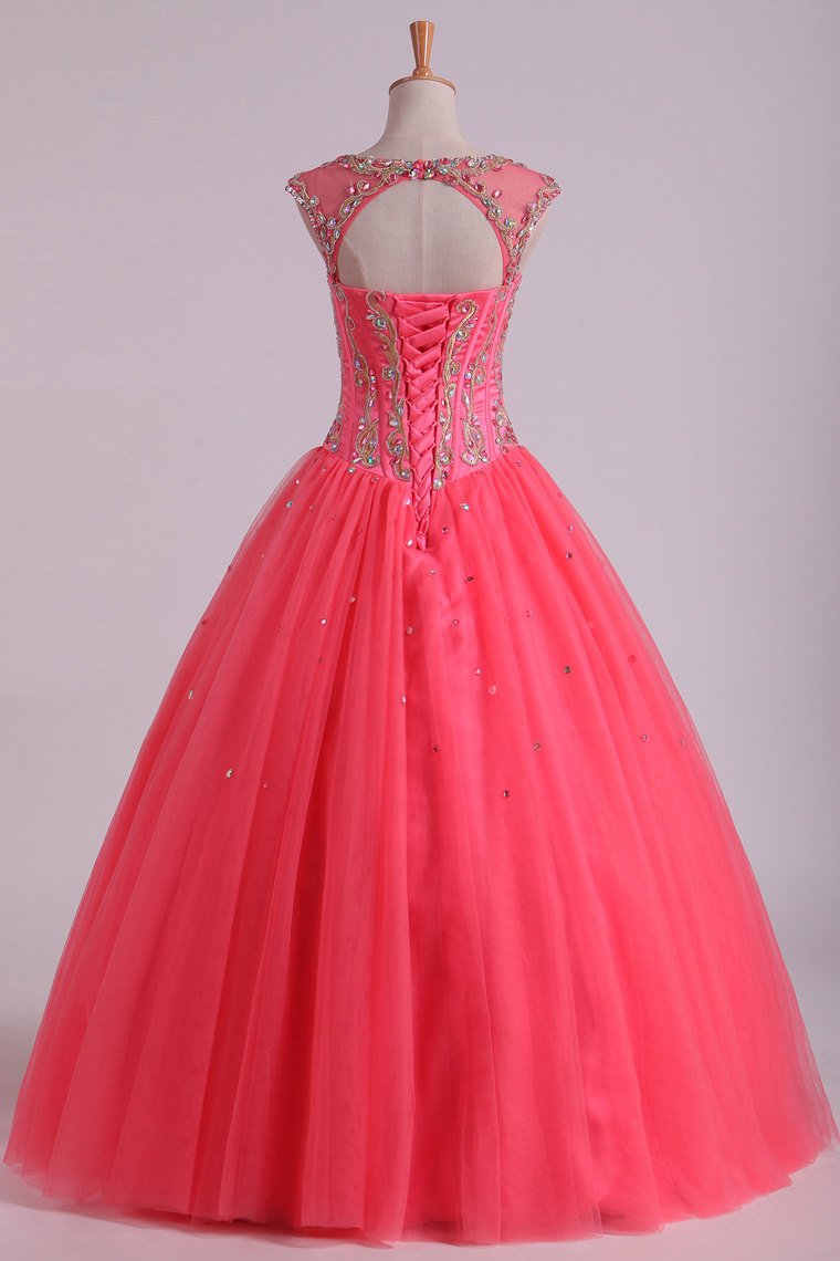 Open Back Quinceanera Dresses Scoop With Embroidery & Beading Floor Length