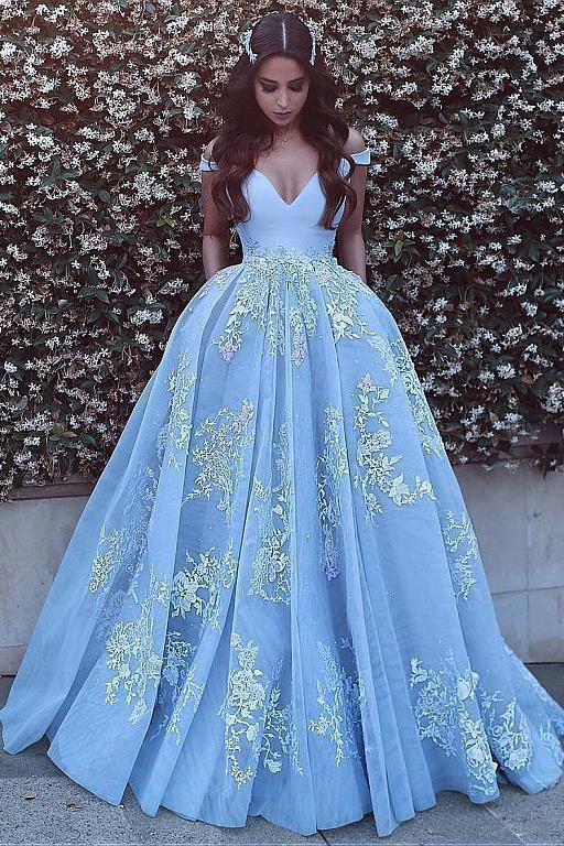 Wonderful Off-the-shoulder Ball Gown Formal Blue Lace Appliques Long Quinceanera SWK14547