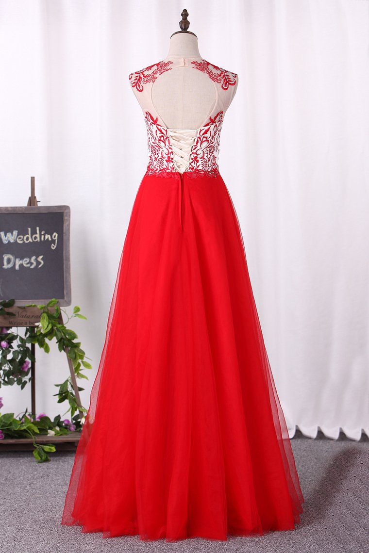 New Arrival A Line Scoop Prom Dresses Tulle With Applique And Beads